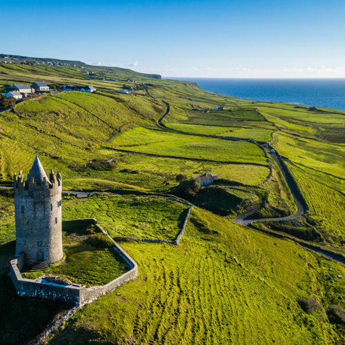 Aerial view of Doonagore Castle in County Clare